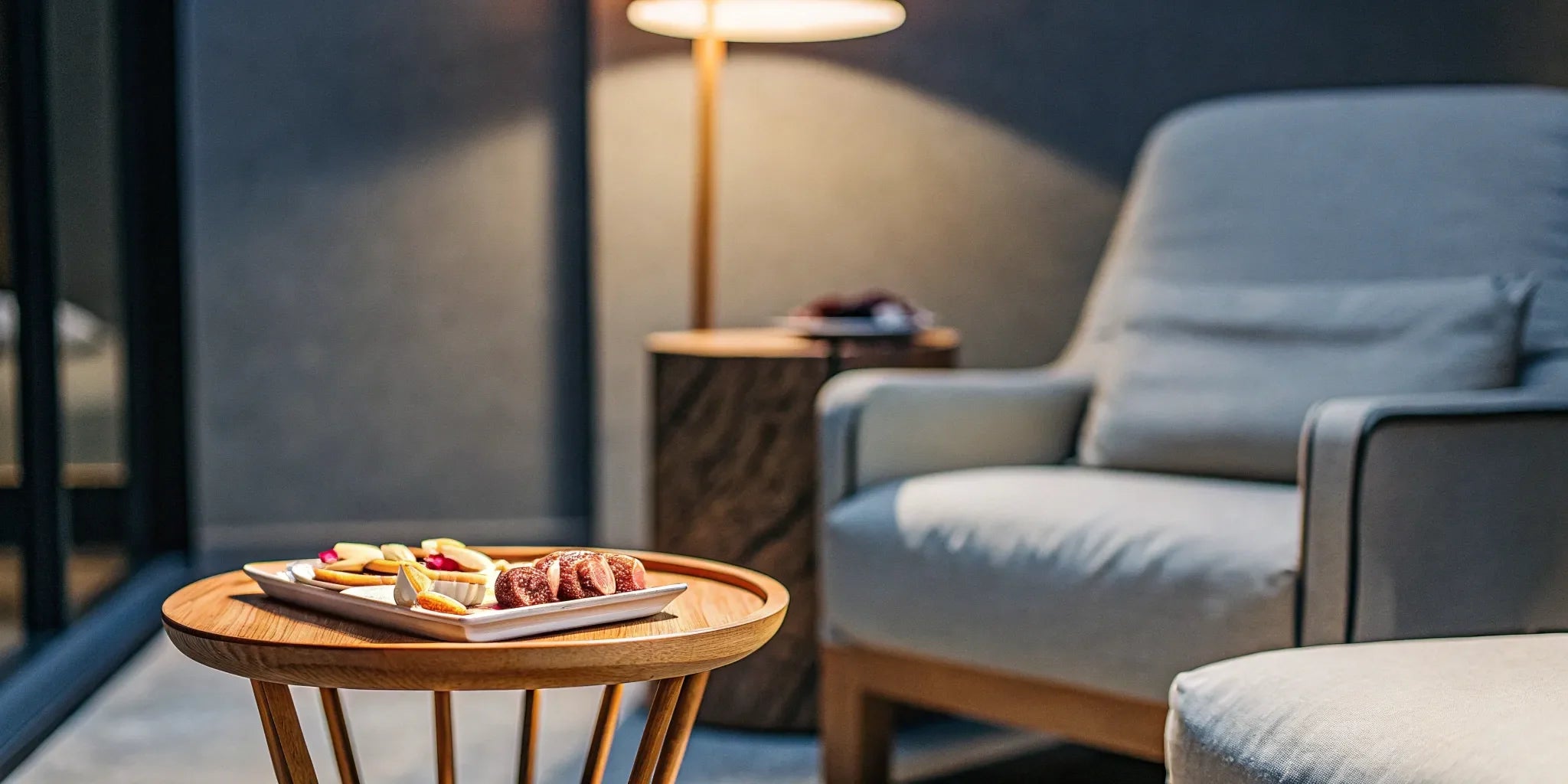 A variety of relaxing THC edibles to buy online, displayed on a table in a cozy room.