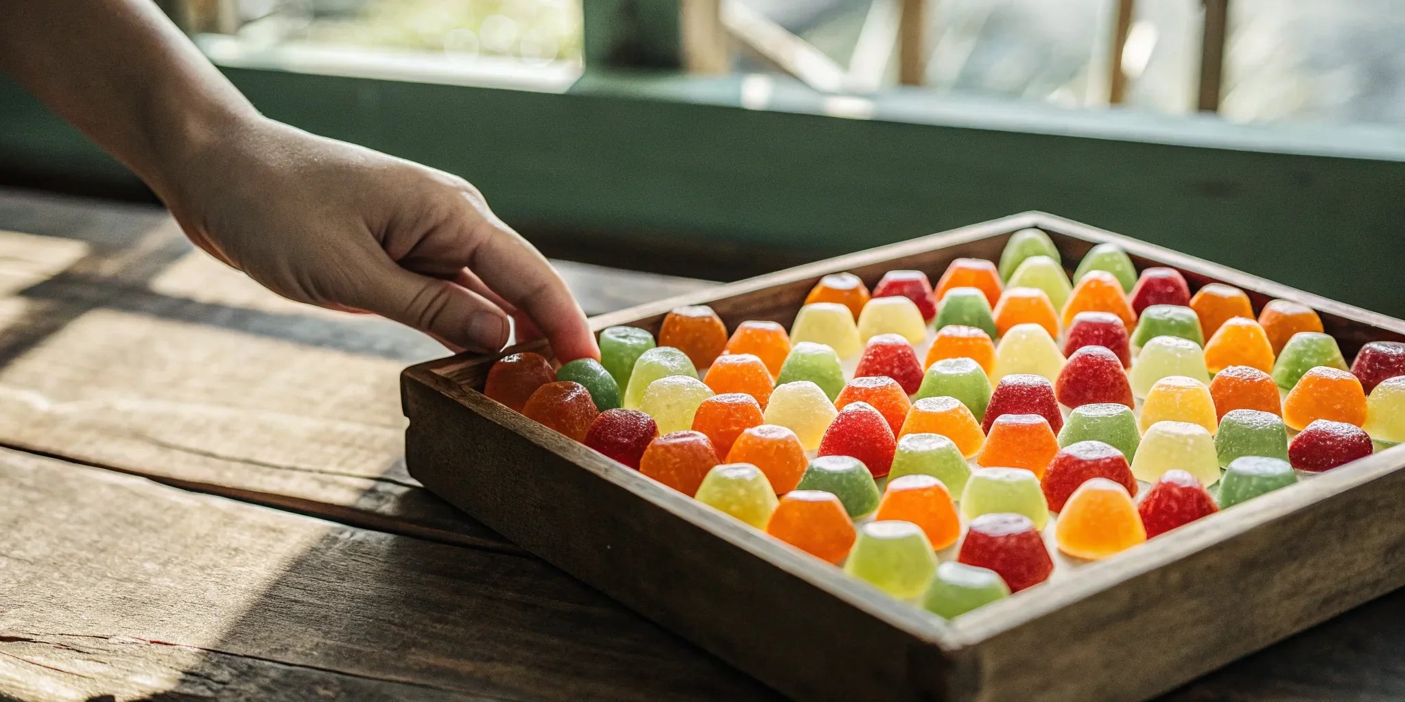 Colorful HHC gummies in a wooden tray. Buy HHC gummies.
