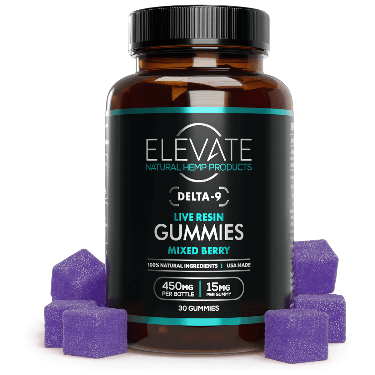Delta-9 Live Resin Gummies in Mixed Berry flavor, 450mg per bottle, 15mg per gummy, 30 gummies total.