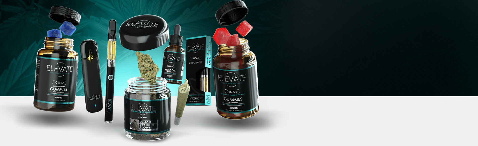 A collection of Elevate Delta 8 products including gummies, oil, and a vape pen on a dark background.
