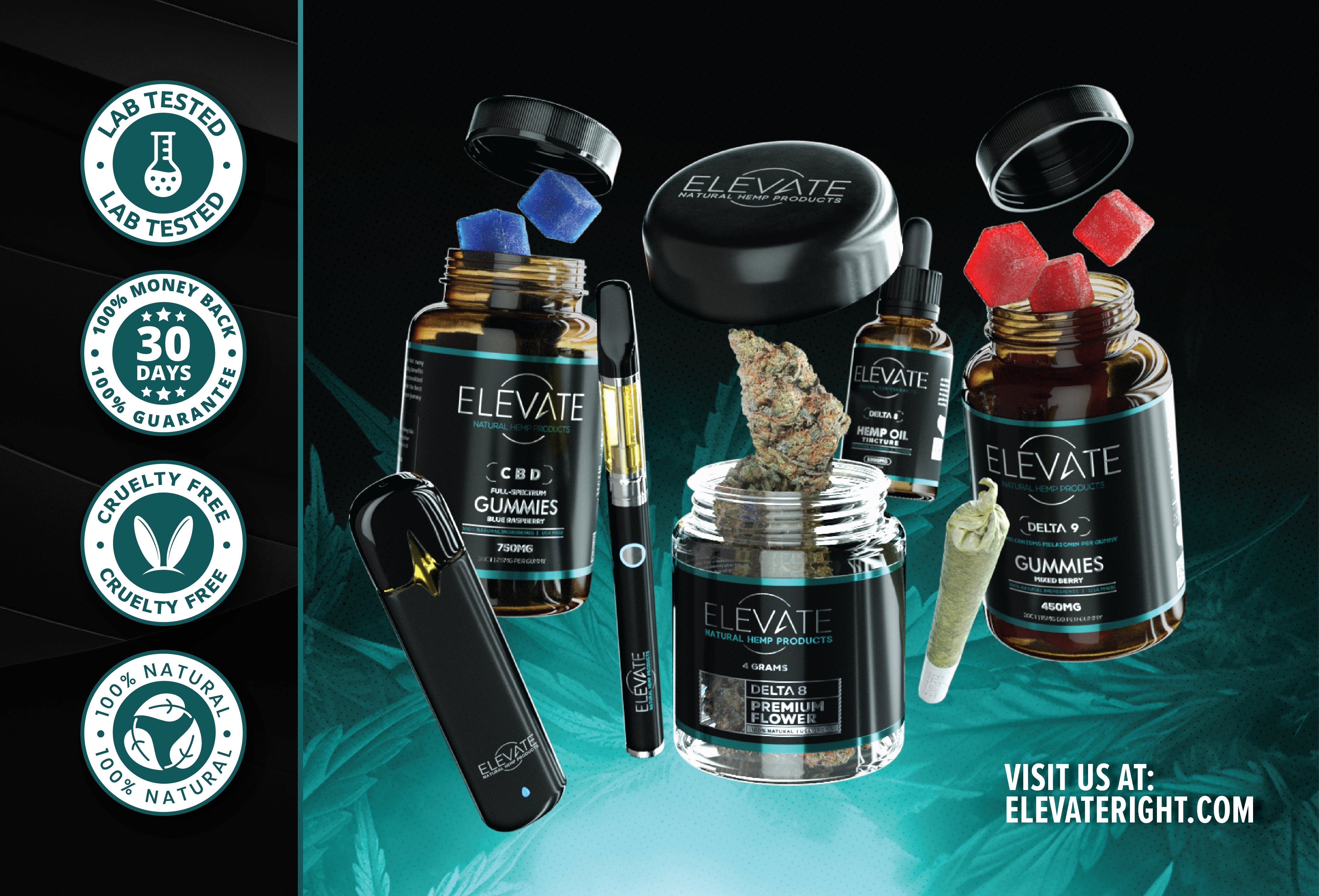 A collection of Elevate cannabis products including gummies, vape pen, and flower jars on a dark background.