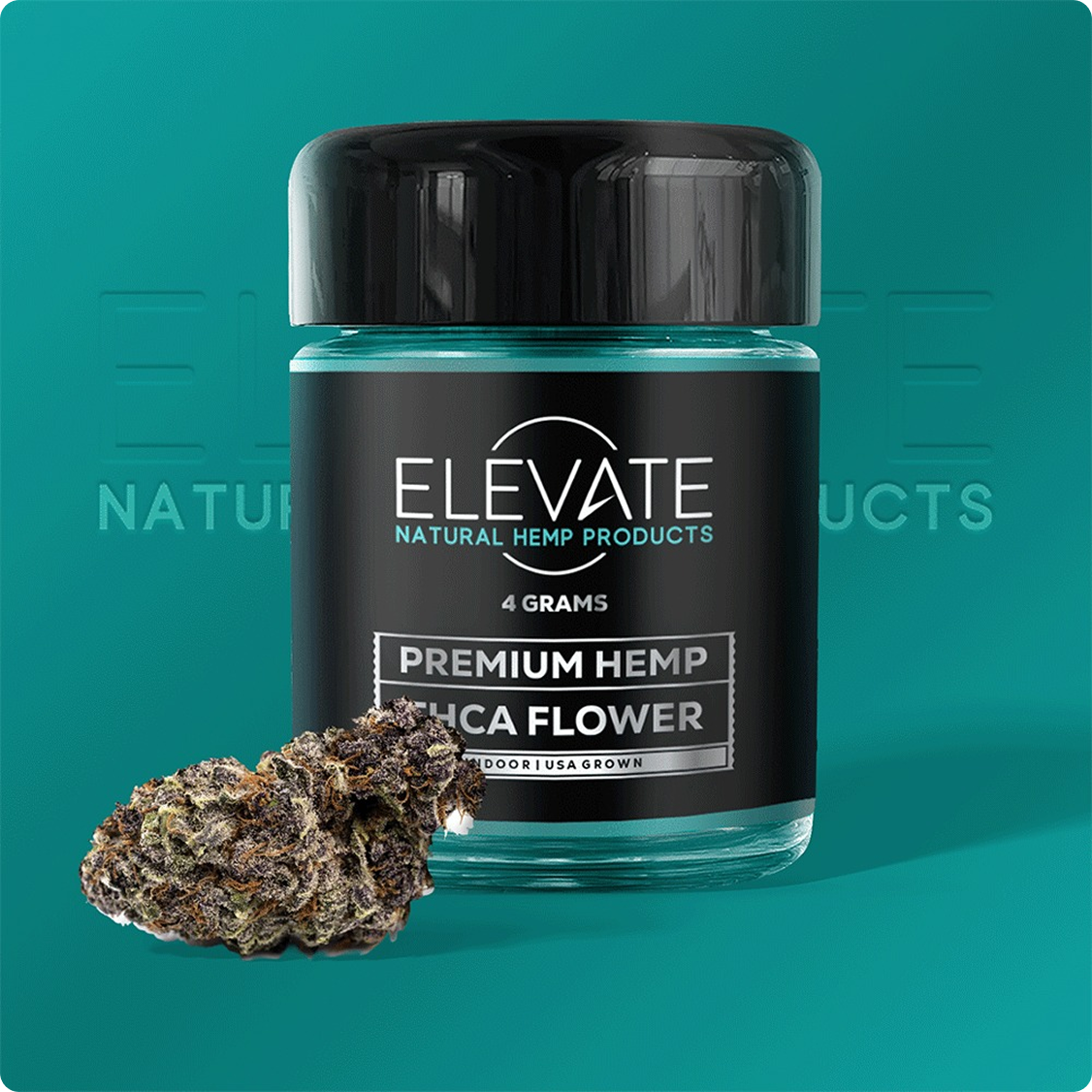 Elevate Premium Hemp THCa Flower jar with 4 grams of product and a bud of hemp flower