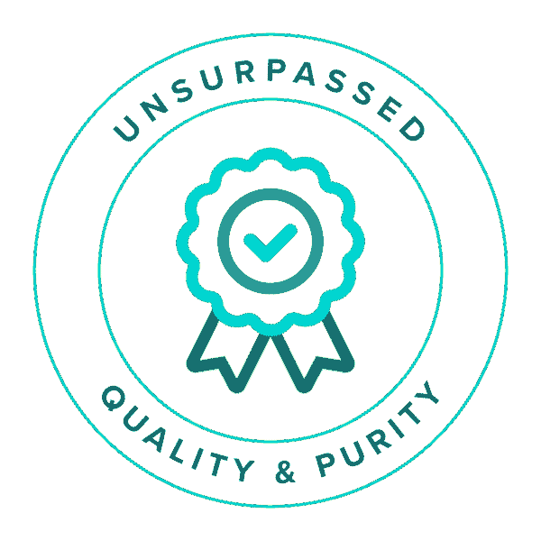 Quality assurance badge stating 'UNSURPASSED QUALITY & PURITY' with a checkmark icon.