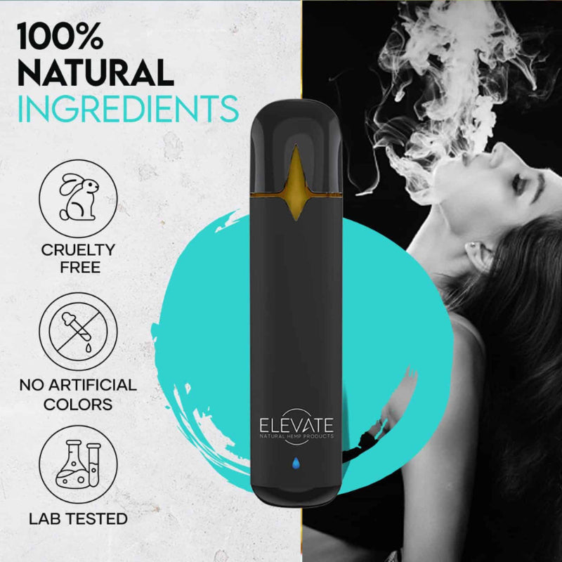 Elevate vape pen with text: 100% Natural Ingredients, Cruelty Free, Lab Tested