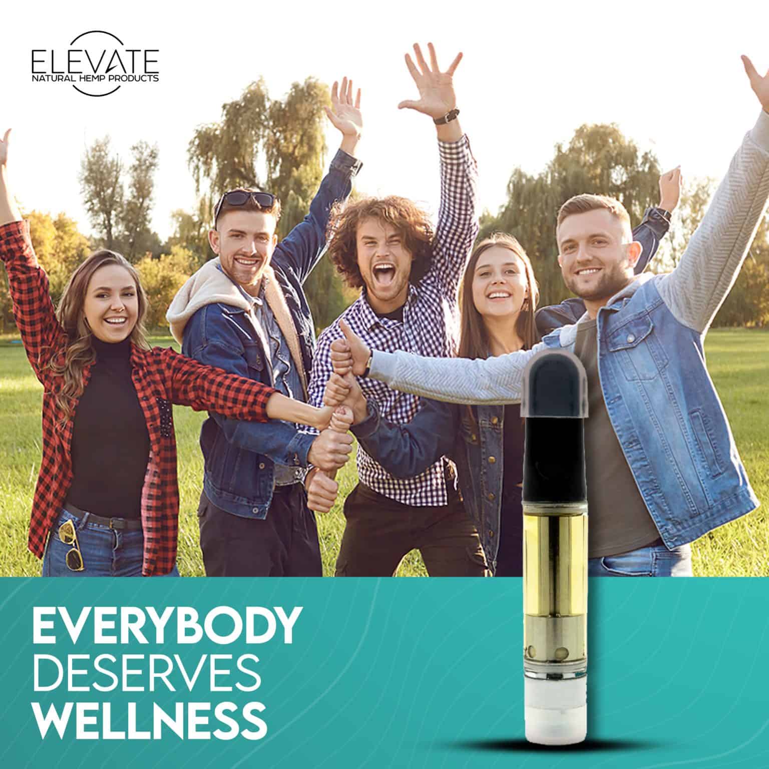 A group of five people celebrating outdoors with a Delta 8 THC vape cartridge. Text: 'EVERYBODY DESERVES WELLNESS.'