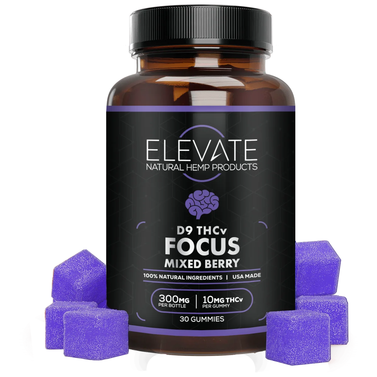 D9 THCv Focus Gummies - Mixed Berry, 300mg per bottle, 10mg THCv per gummy