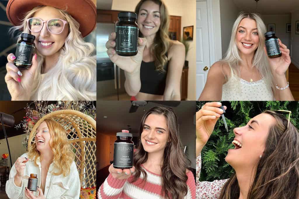 Collage of six individuals happily holding Elevate products, showcasing customer satisfaction.