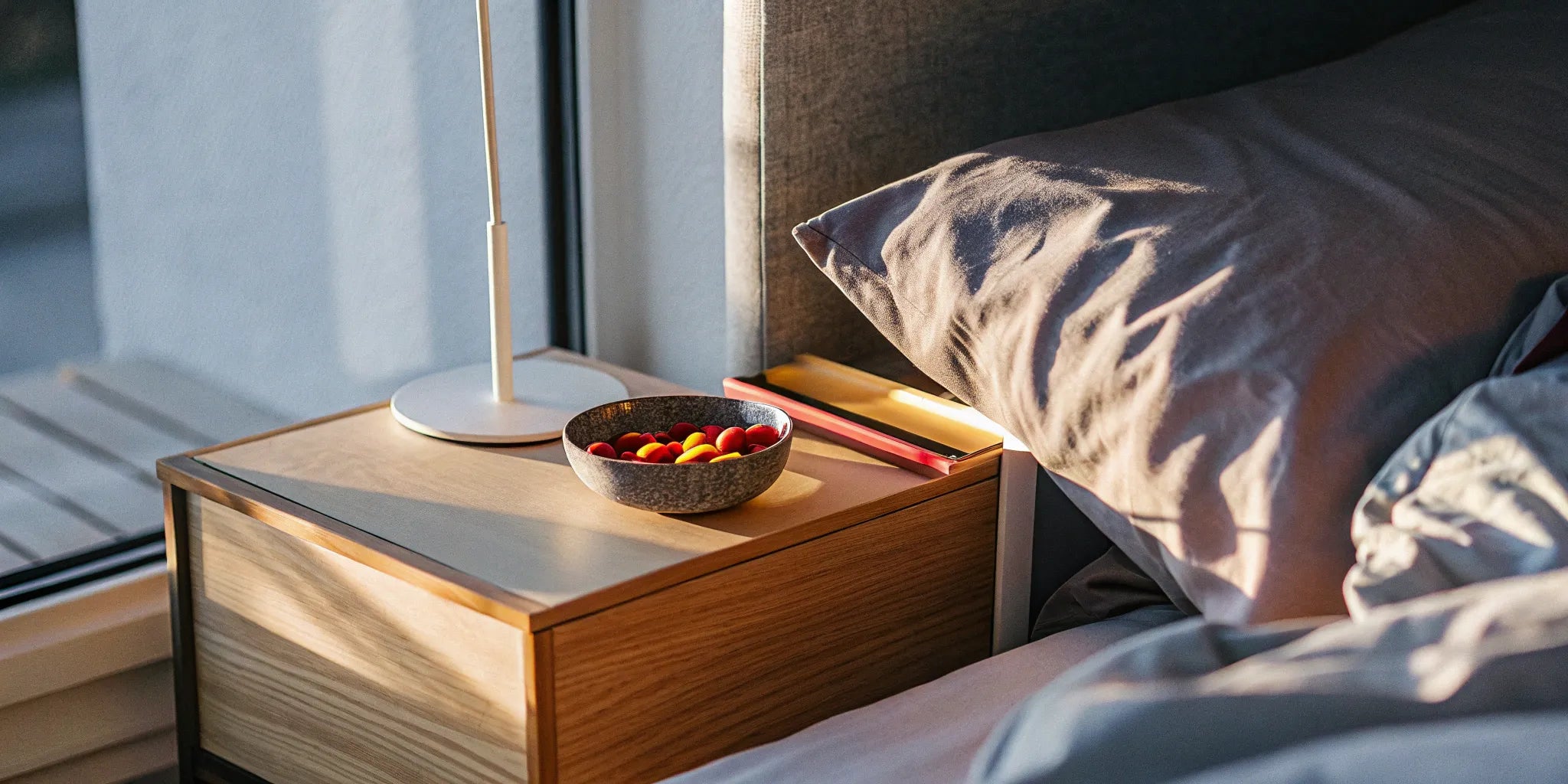 The best gummies for arousal in a bowl on a nightstand beside a bed.