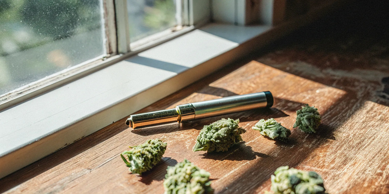 One of the best live resin carts recommended by Reddit, sitting next to cannabis flower.