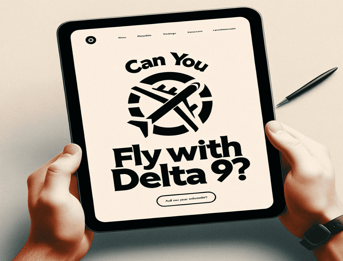 A person holding a tablet displaying the text 'Can You Fly with Delta 9?' with a crossed-out airplane symbol.