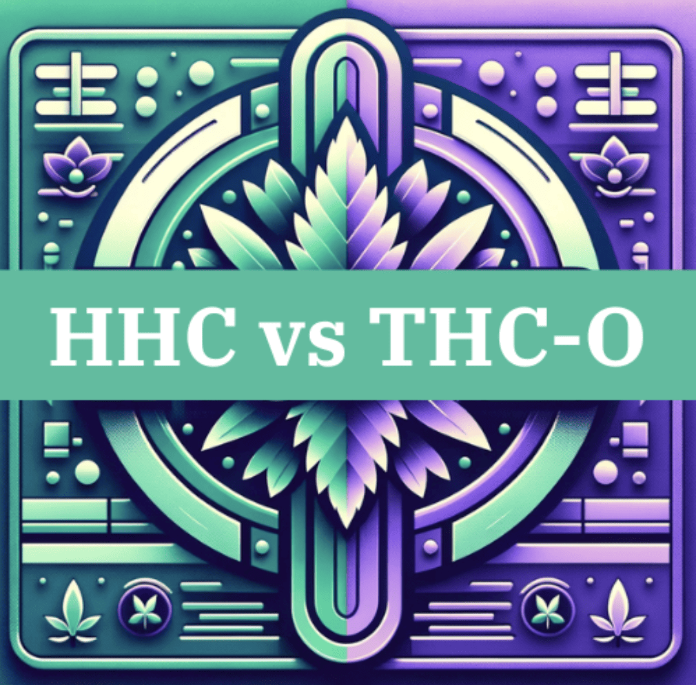 Graphic comparing HHC and THC-O with a stylized cannabis leaf design