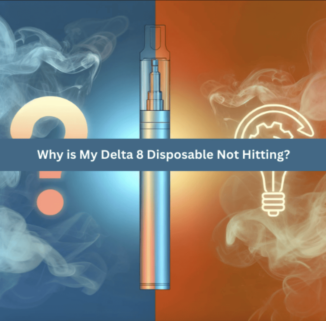 Graphic illustrating the question 'Why is My Delta 8 Disposable Not Hitting?' with a vape pen and smoke effects.