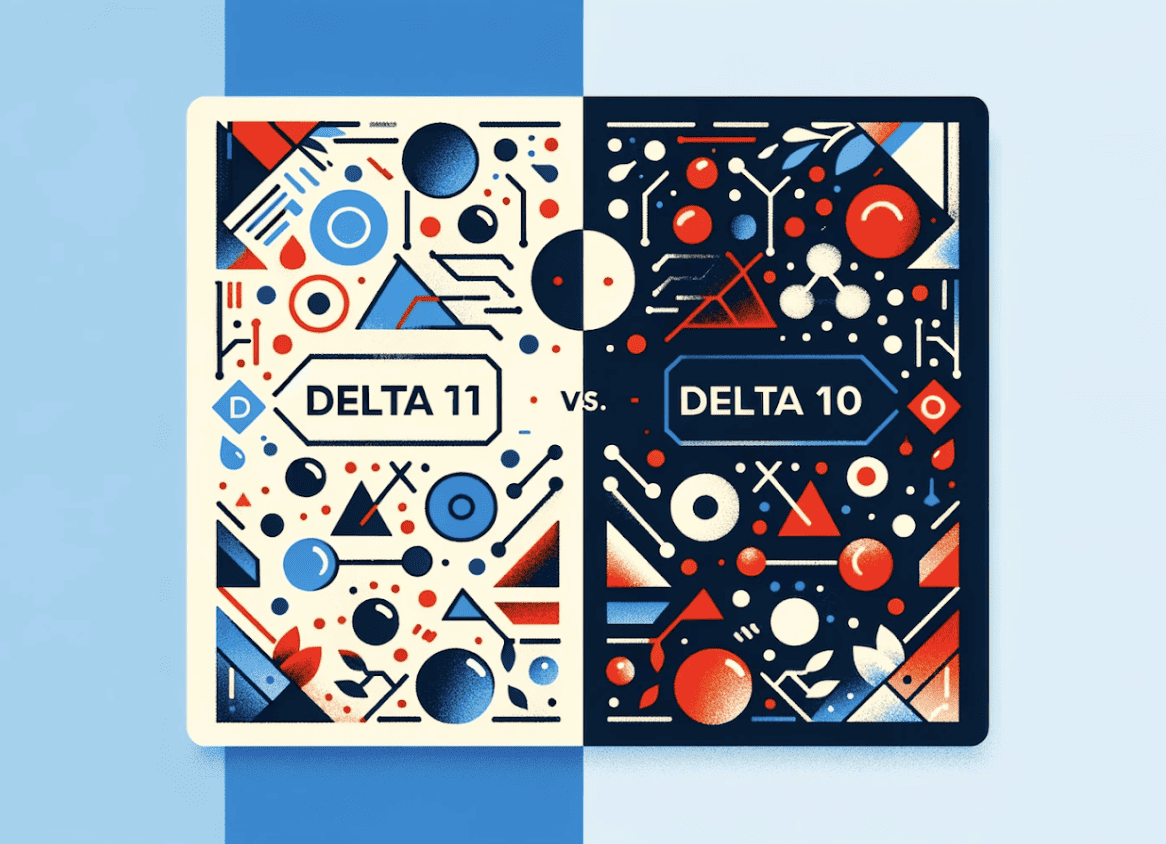 Graphic comparing Delta 11 and Delta 10, featuring geometric shapes and colors with the text 'DELTA 11 vs. DELTA 10'.