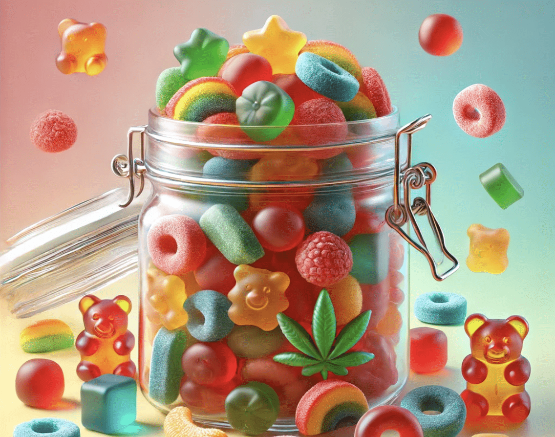 A jar filled with colorful CBD gummies in various shapes and colors, with a cannabis leaf.