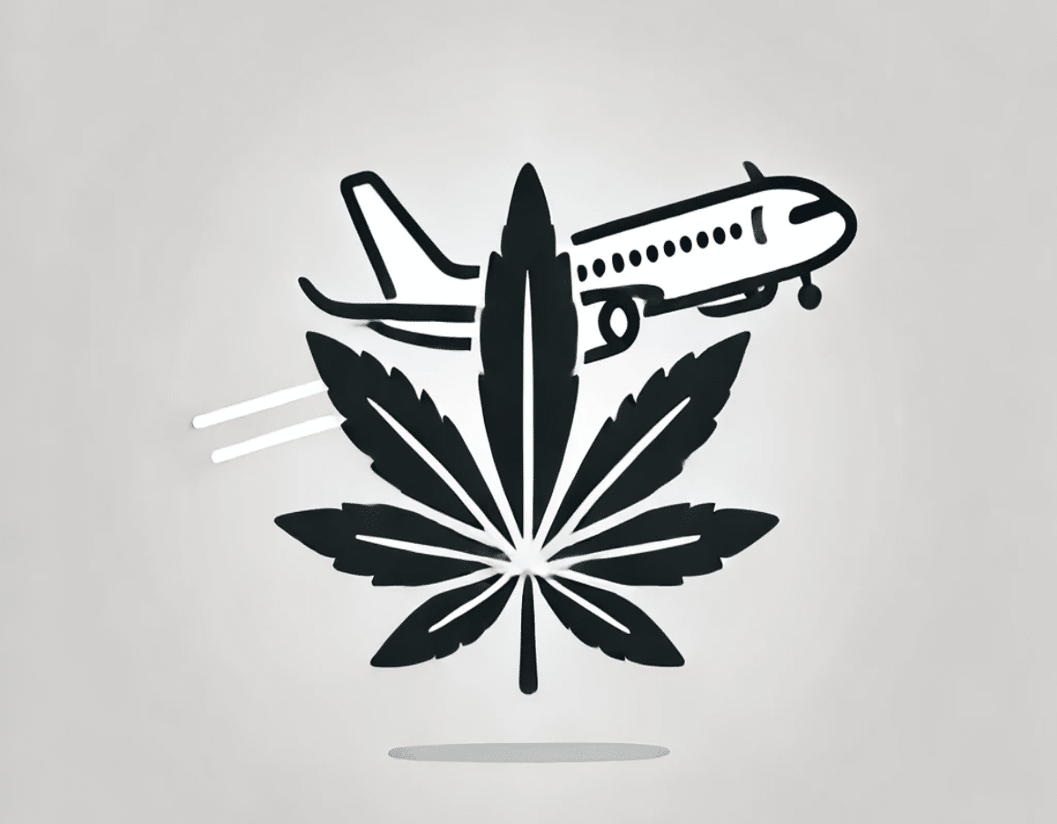 An airplane flying over a cannabis leaf, symbolizing travel with CBD.