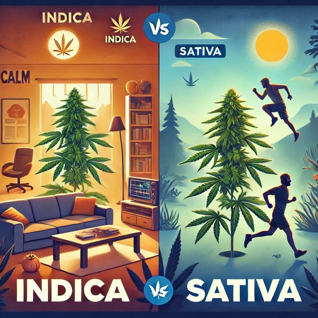 Illustration comparing Indica and Sativa cannabis strains, featuring text 'Indica vs Sativa' and visuals of a relaxing indoor scene for Indica and an active outdoor scene for Sativa.