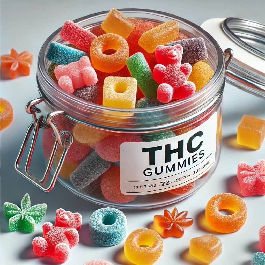 A jar filled with various colorful THC gummies in different shapes and sizes, labeled 'THC Gummies'.