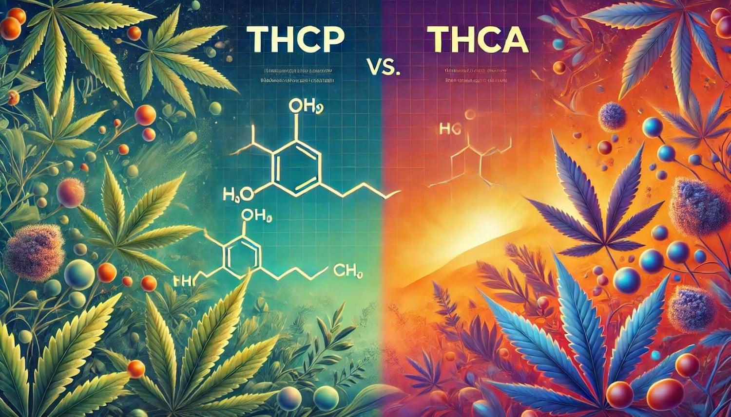 Illustration comparing THCP and THCA with chemical structures and cannabis imagery