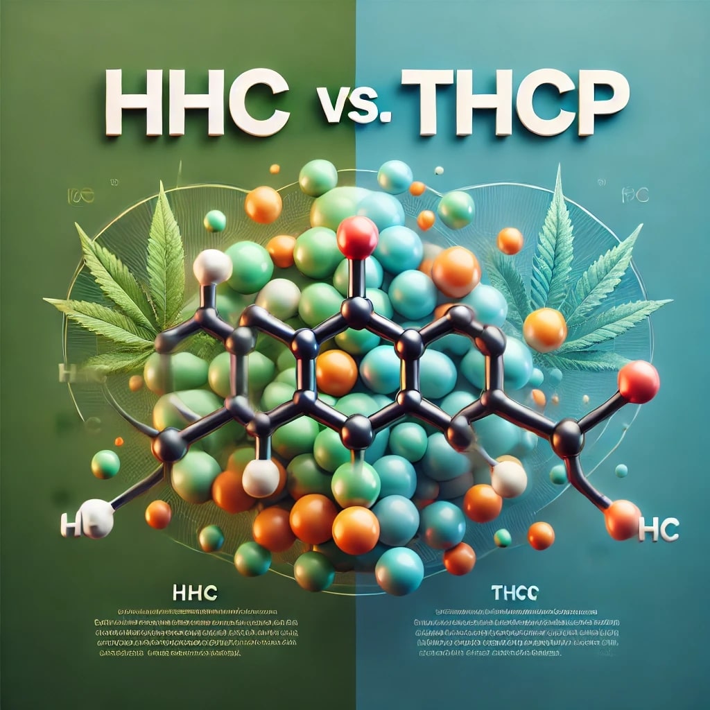 Molecular structure comparison of HHC and THCP with chemical formulas and cannabis leaves