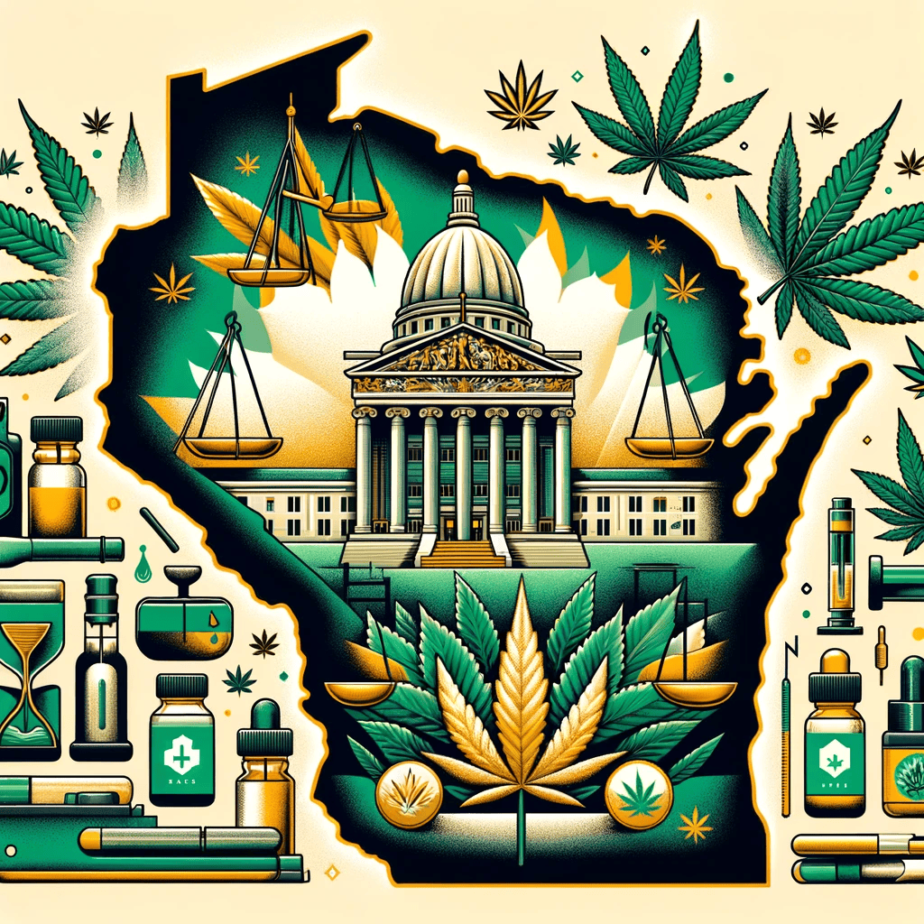 Illustration of Wisconsin with cannabis elements, legal scales, and the state capitol building.