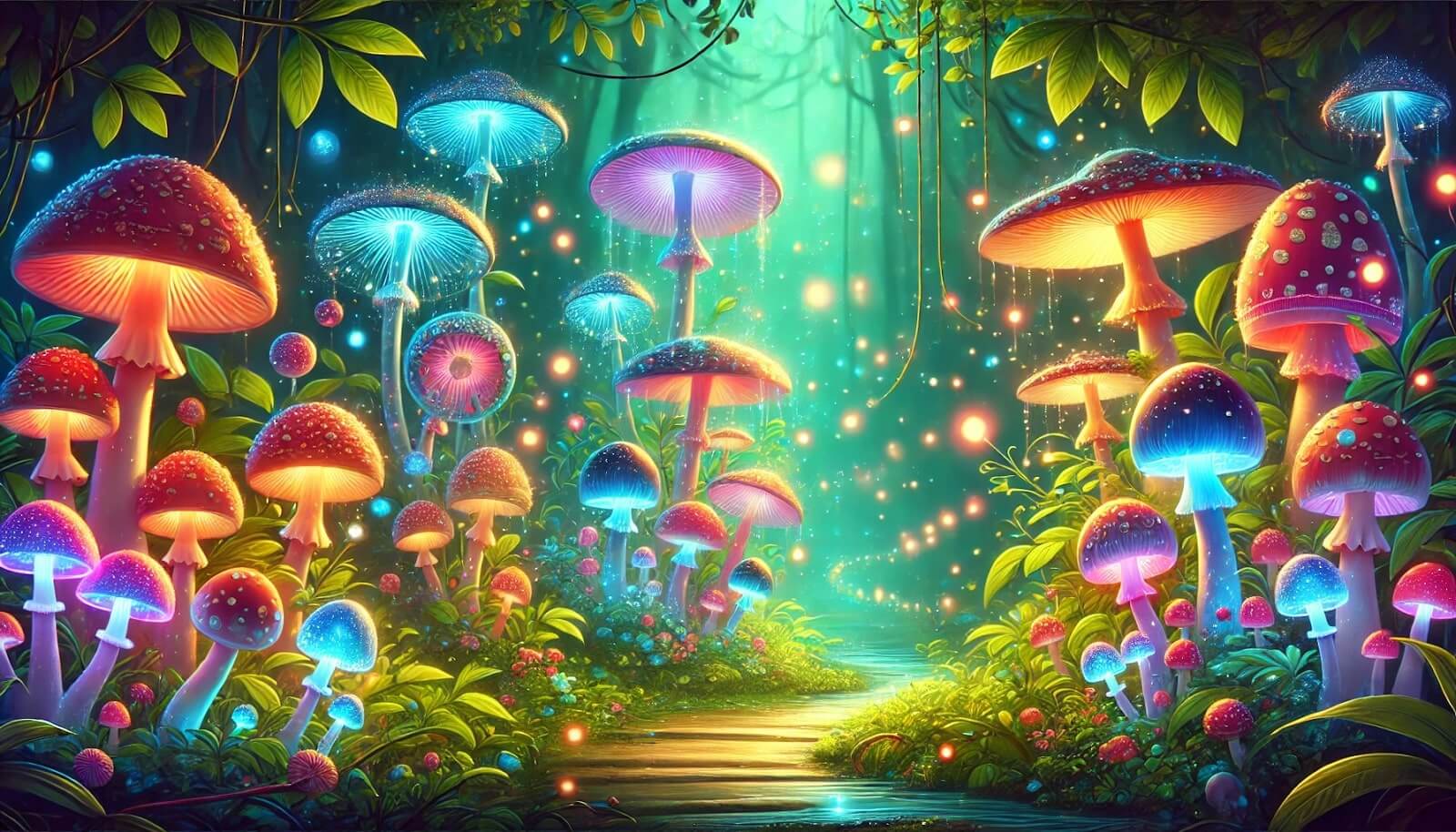 A colorful forest scene with various mushrooms illuminated by magical lights.