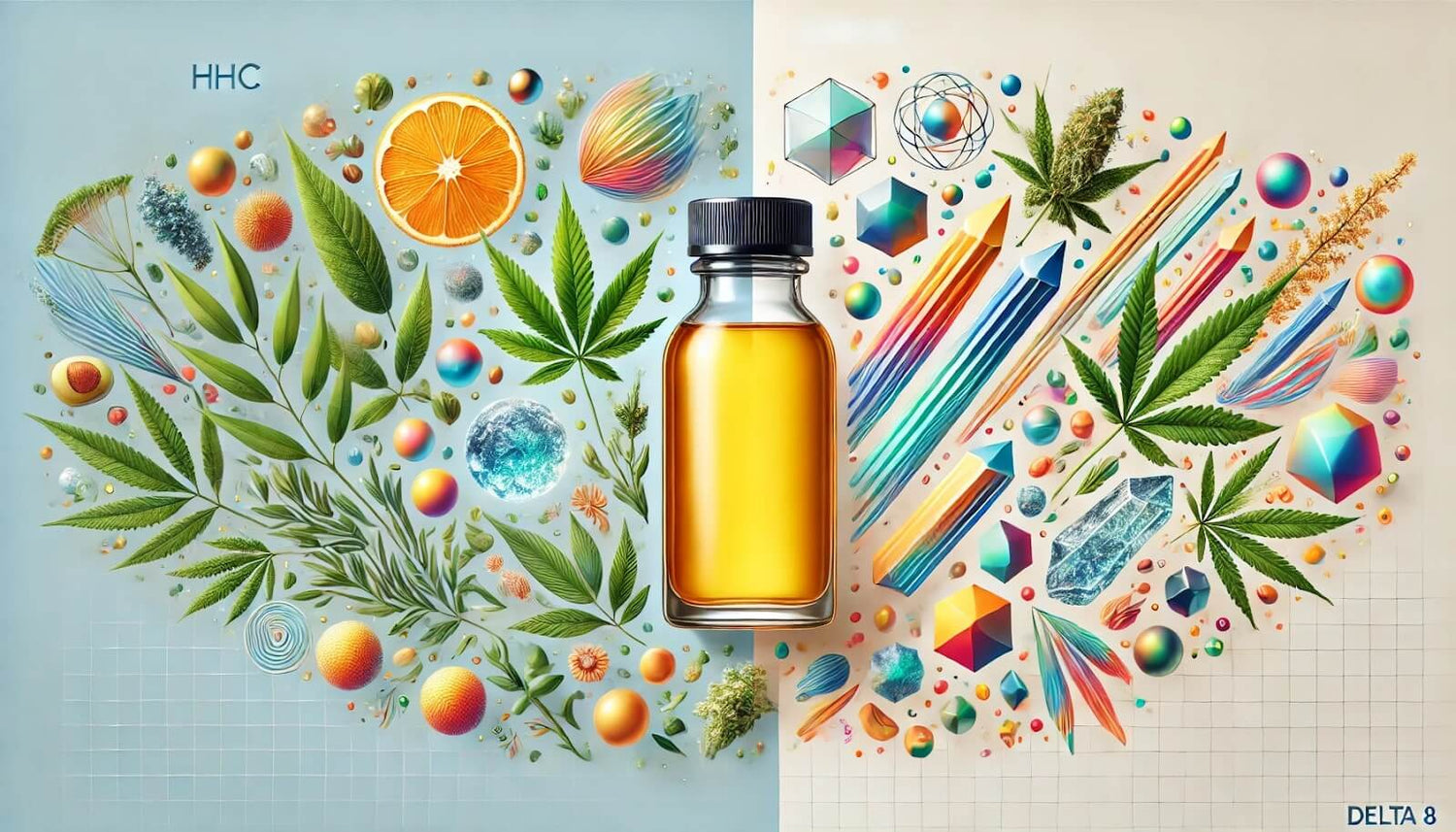 A visual comparison of HHC and Delta 8 with a bottle in the center, featuring elements like cannabis leaves and colorful geometric shapes.