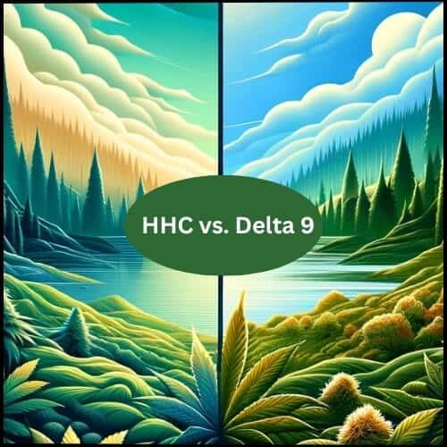 A split landscape illustration comparing HHC and Delta 9 THC, featuring lush greenery and water.