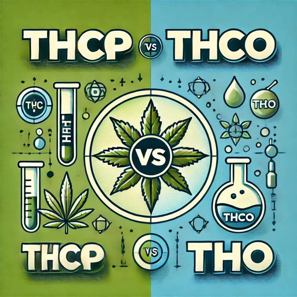 Illustration comparing THCP and THCO with cannabis imagery and chemical symbols.