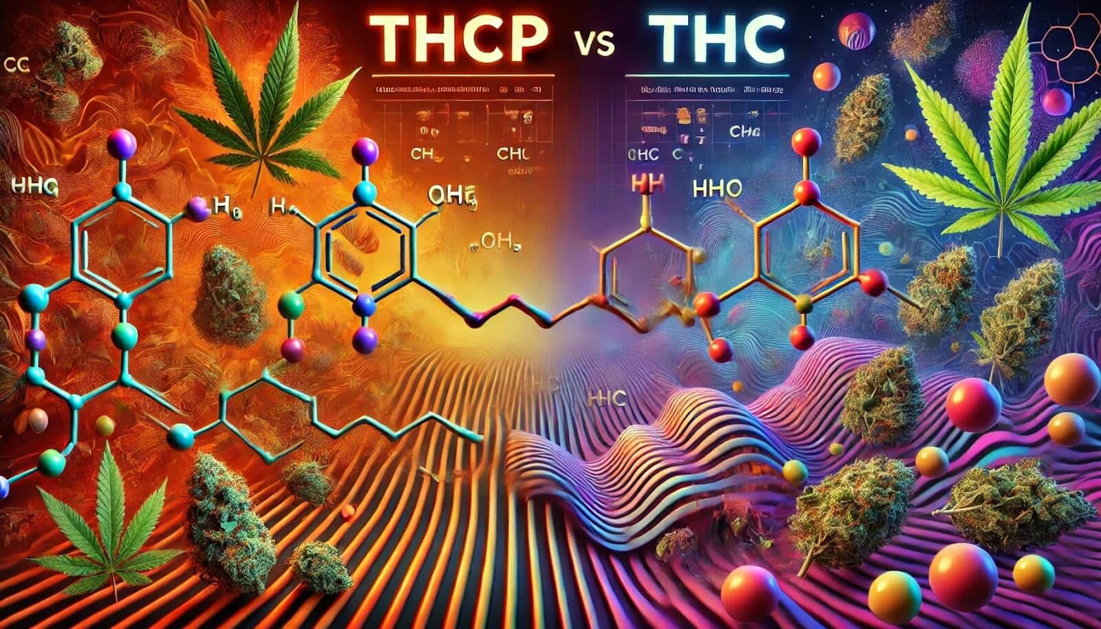 Chemical structures of THCP and THC with cannabis imagery