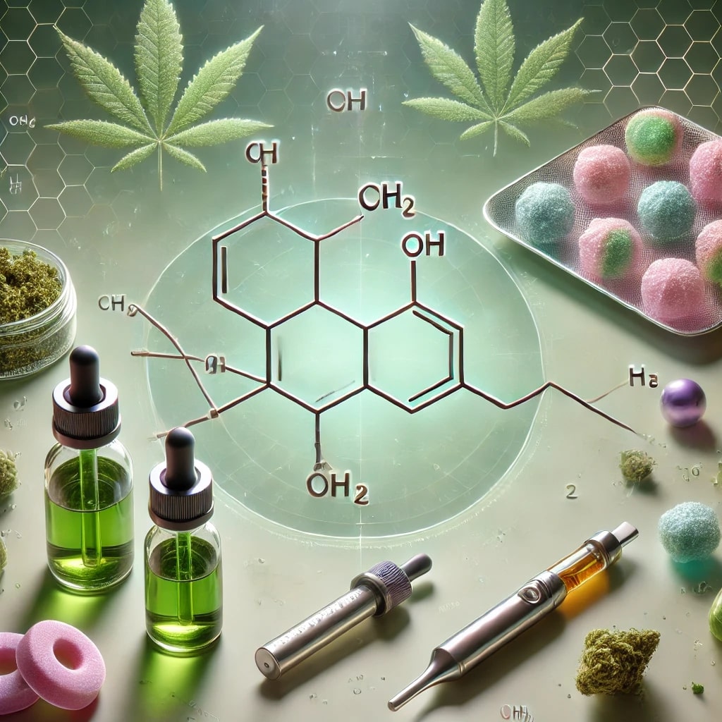 Cannabis products including oils, vape pen, and gummies with chemical structure diagram