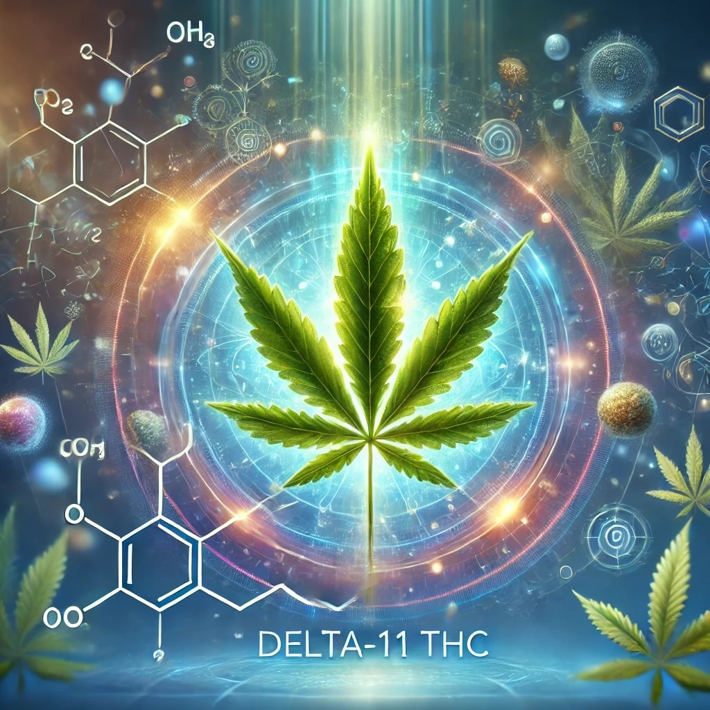 A digital illustration of a cannabis leaf with molecular structures and the text 'DELTA-11 THC'.