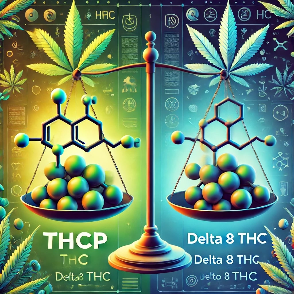 A scale comparing THCP and Delta 8 THC with molecular structures and cannabis leaves in the background.
