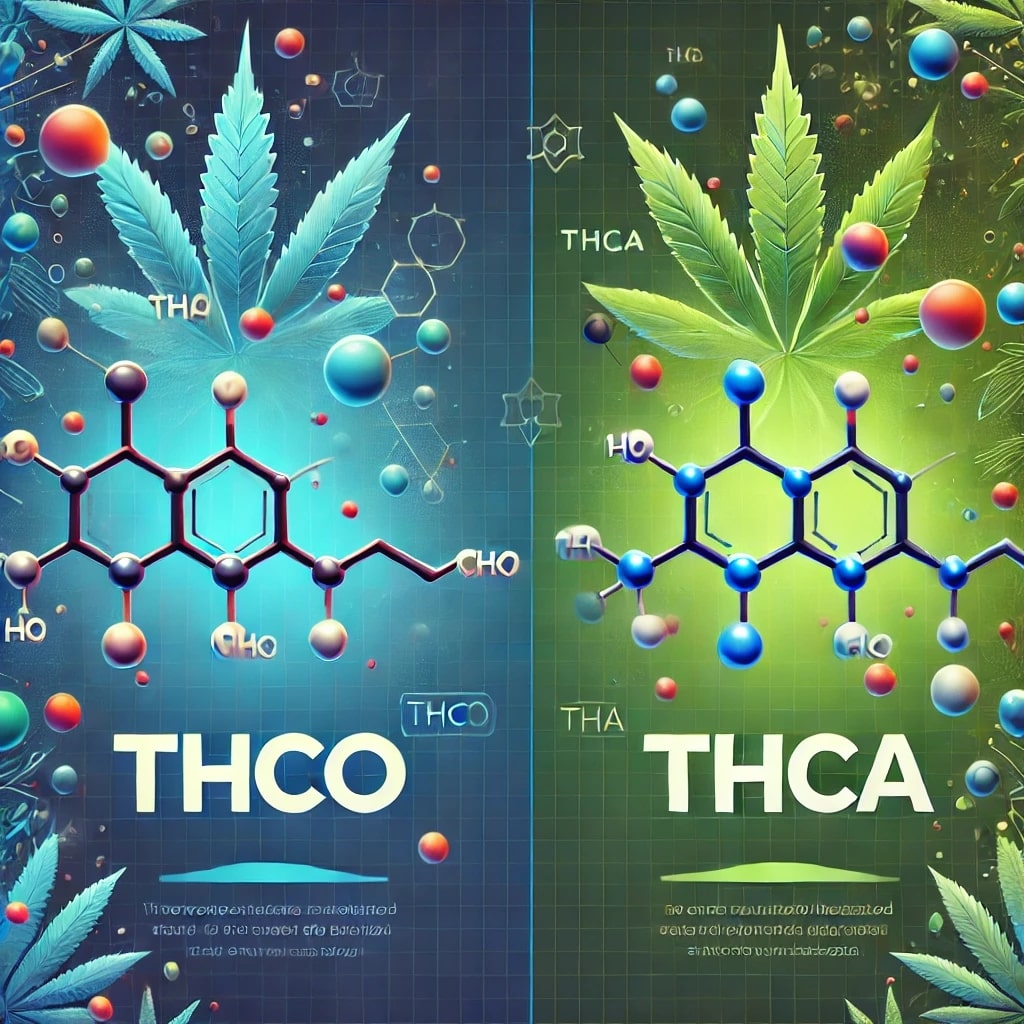 Comparison of THCO and THCA chemical structures with labels