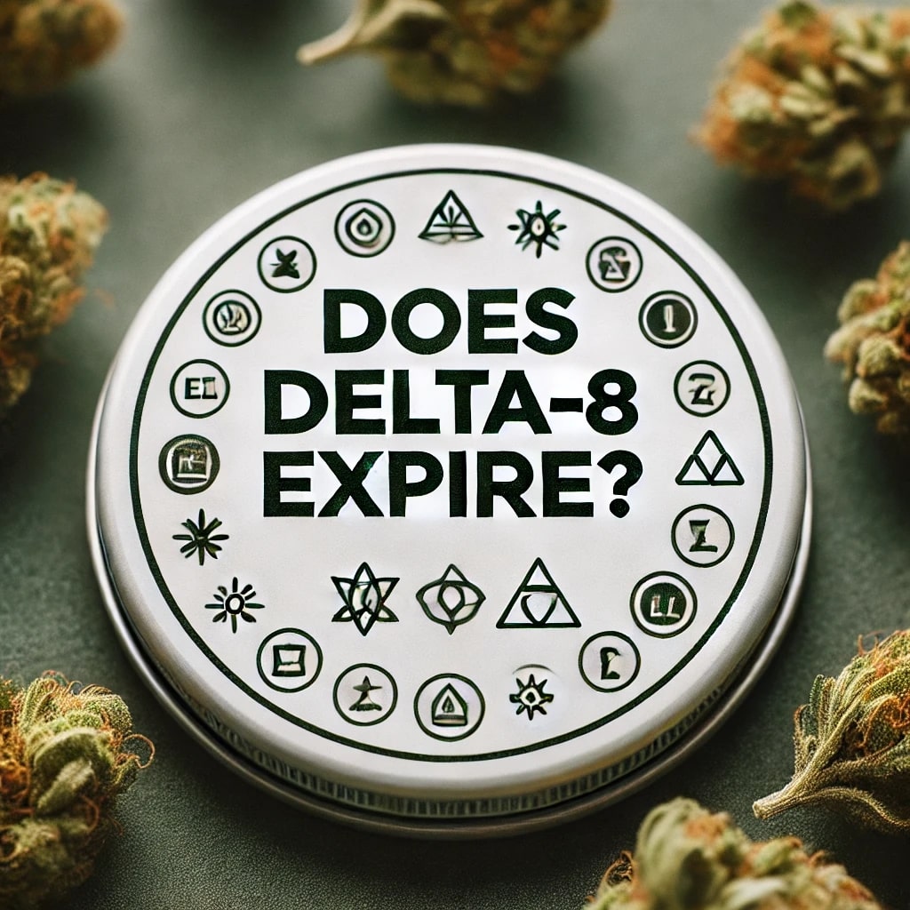 Does DELTA-8 Expire? Written on a metal cap with bud around it
