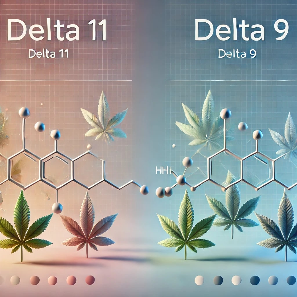 Comparison of Delta 11 and Delta 9 with chemical structures and cannabis leaves