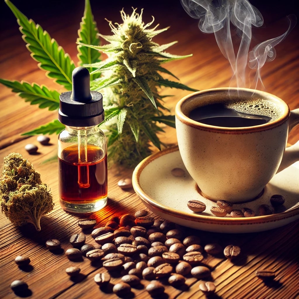 A cup of coffee with cannabis leaves, a dropper bottle, and coffee beans on a wooden surface.