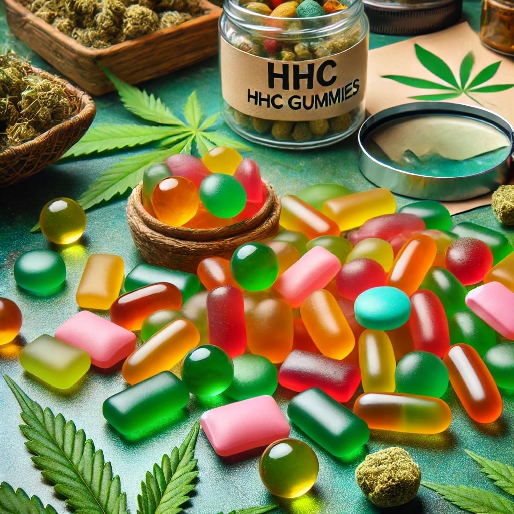 Colorful assortment of HHC gummies with a jar labeled 'HHC Gummies' and cannabis leaves.