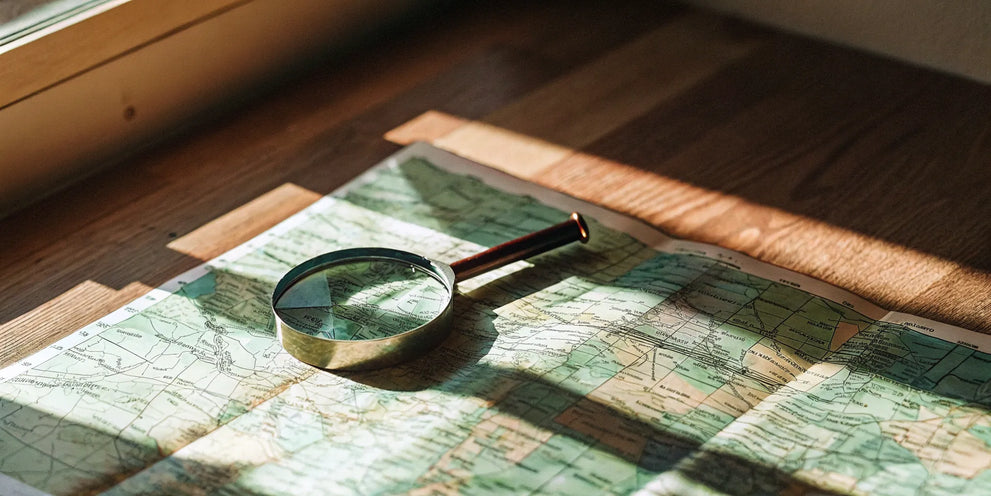 Magnifying glass over a map showing where delta 8 gummies are legal.