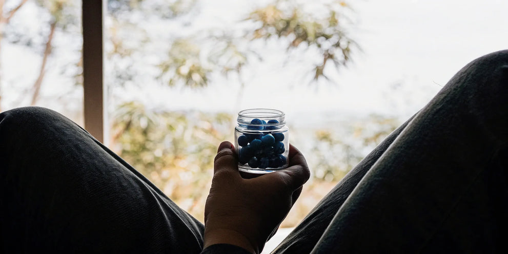 A hand holding a jar of blue lotus mushroom gummies.