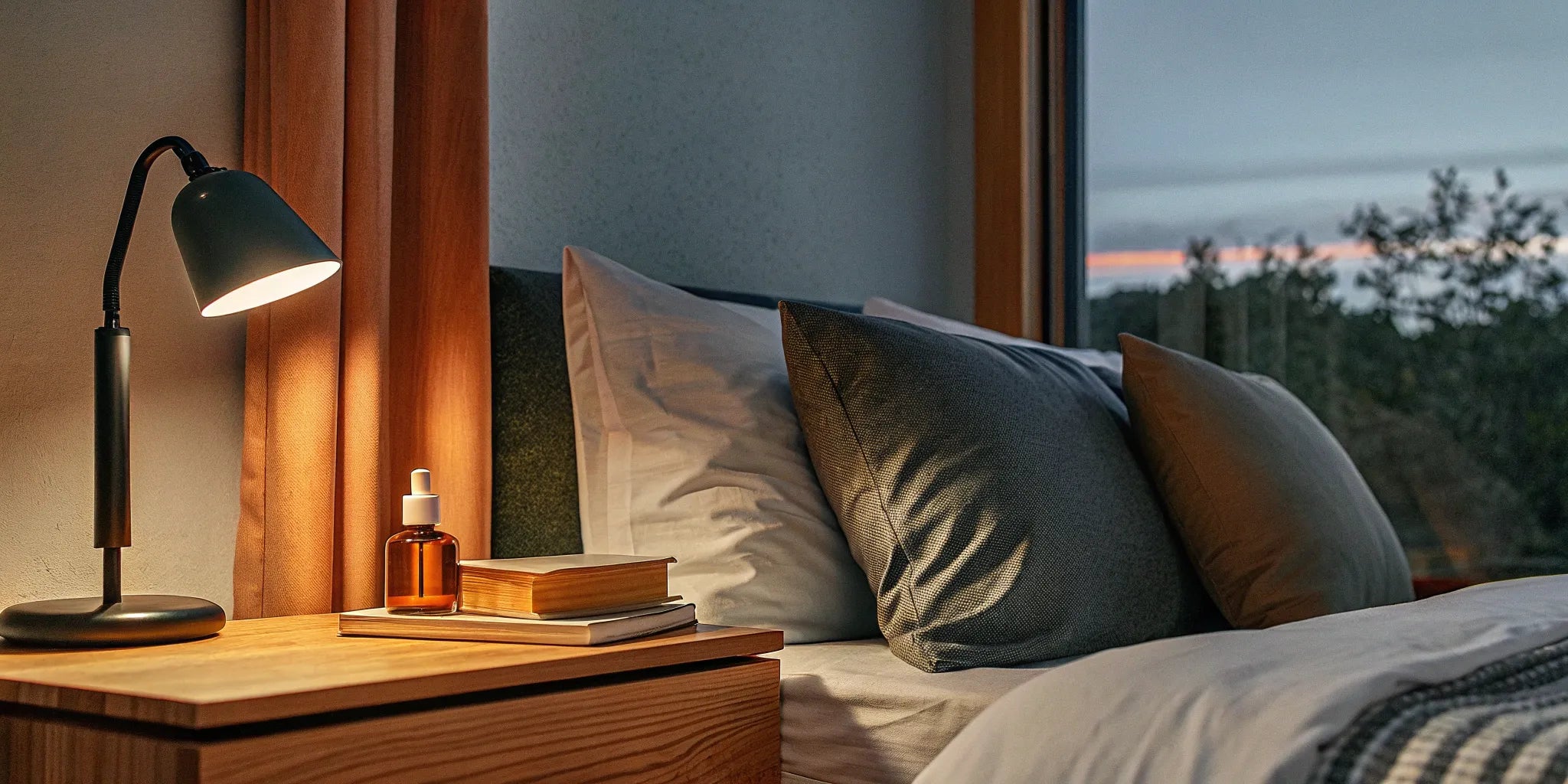 A bottle of CBD capsules for sleep resting on a nightstand next to a bed.