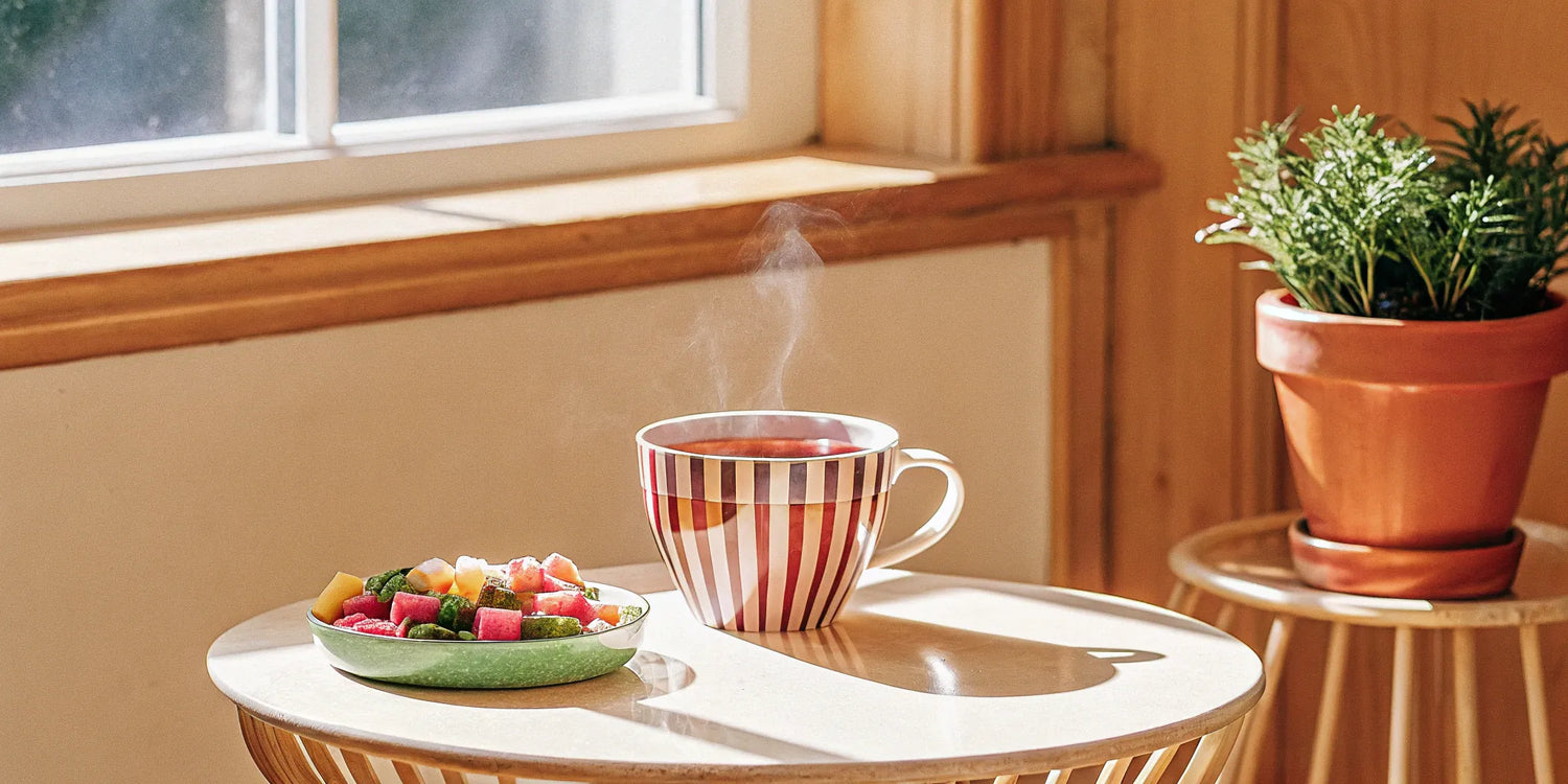 A bowl of colorful 500mg HHC gummies on a sunlit table next to a cup of tea.