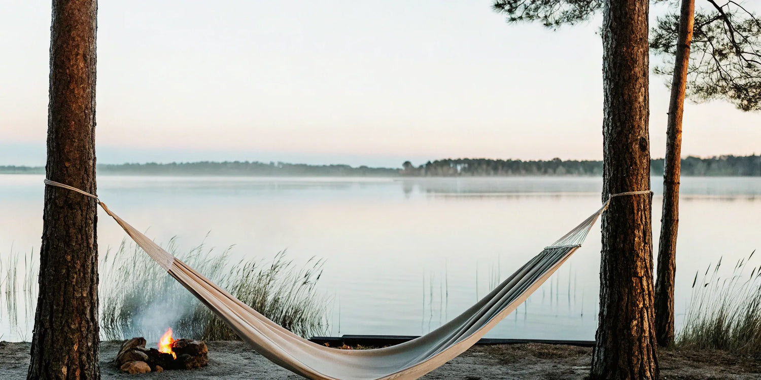Calm lakeside hammock retreat for cannabis recovery.