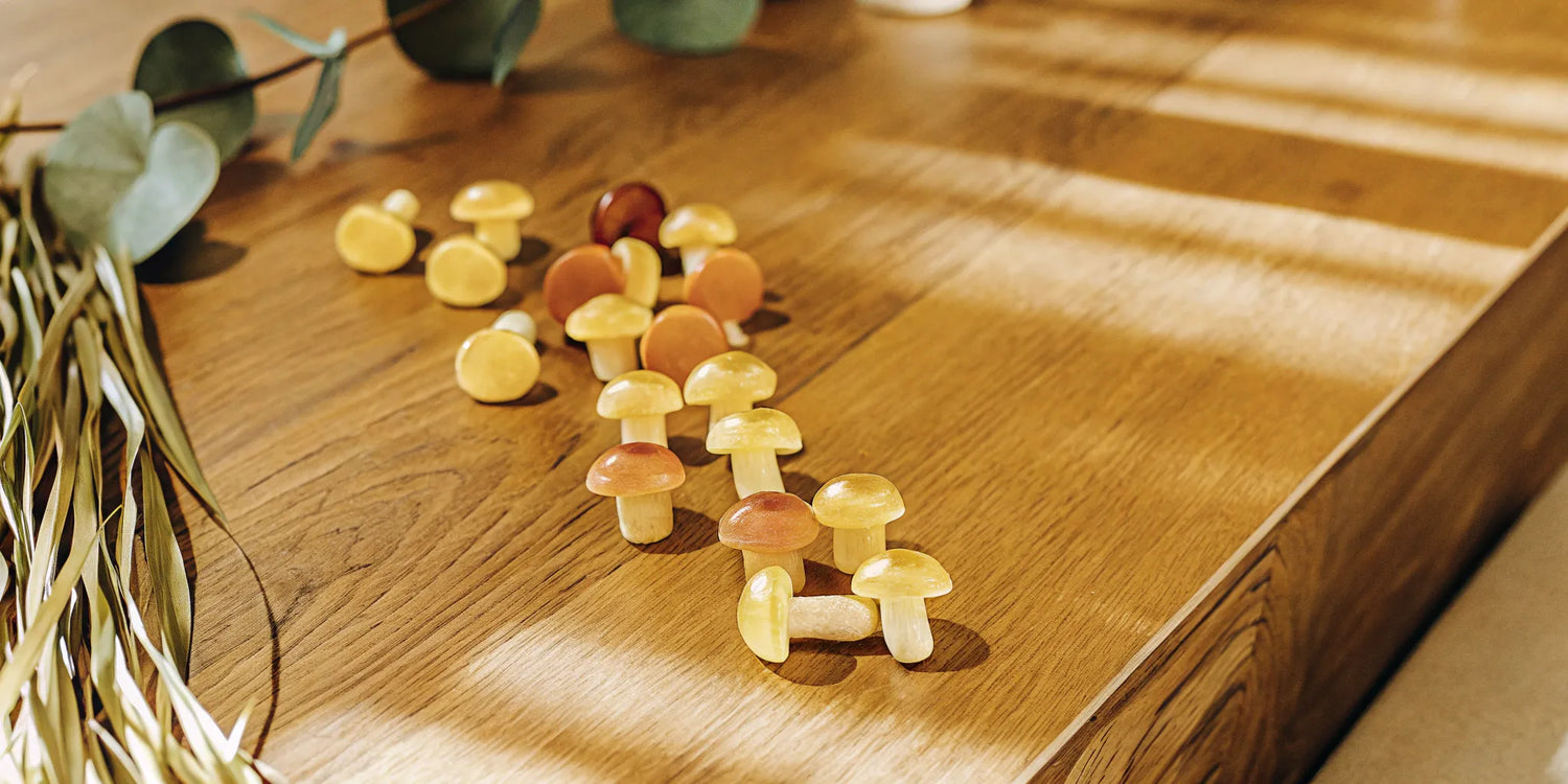 Organic and functional mushroom gummies on a wooden surface.