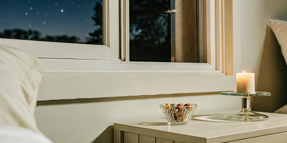 Best sleep gummies for adults on a calm nightstand with a lit candle.