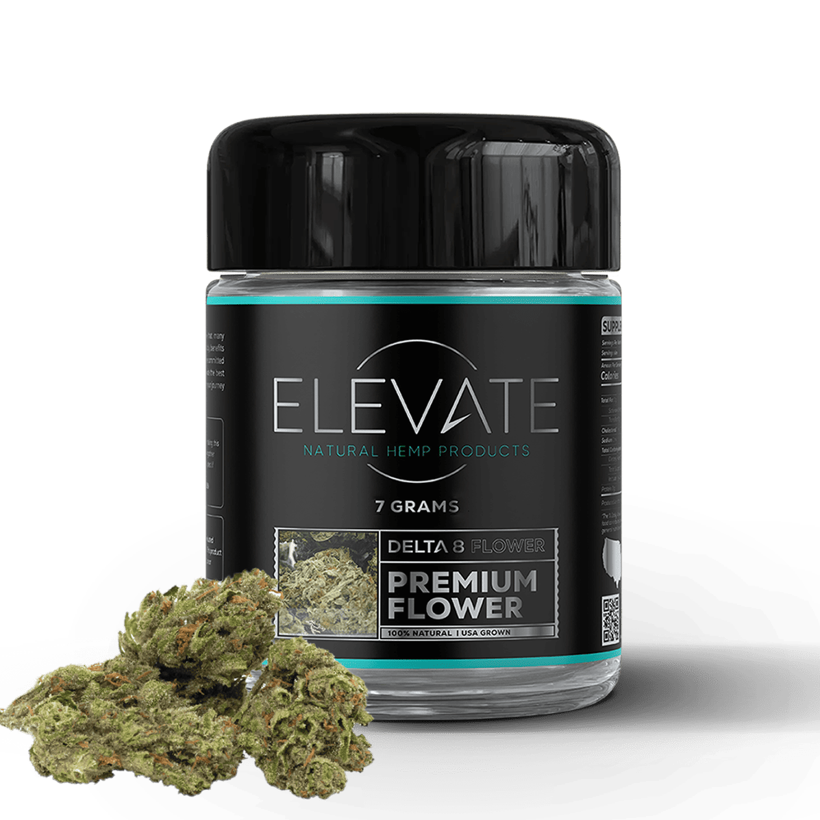A jar of Elevate brand Delta 8 Flower with OG Kush strain, accompanied by a small amount of cannabis flower outside the jar.