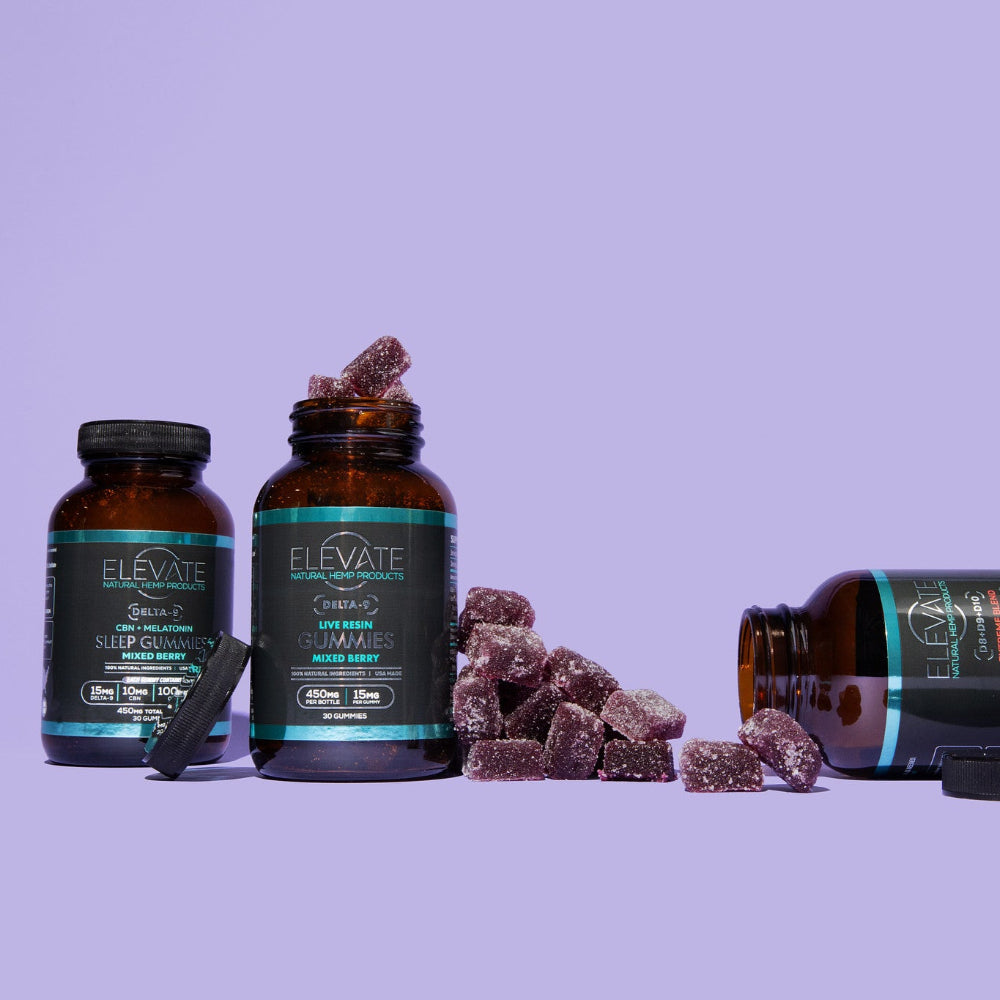 Three bottles of 'Elevate' products on a purple background