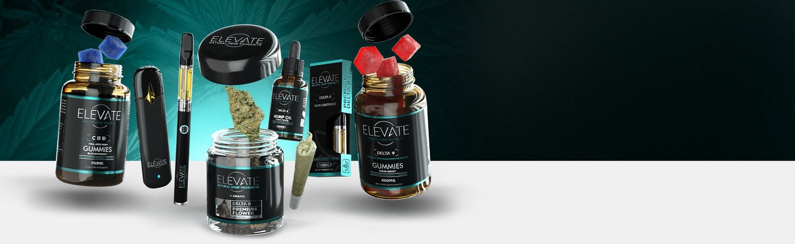 A collection of Elevate Delta 8 products including gummies, oil, and a vape pen on a dark background.