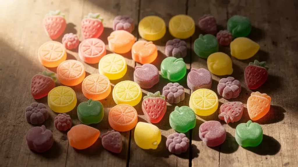 The image features an assortment of colorful fruit-flavored gummy supplements, beautifully arranged on a wooden surface, highlighting their vibrant hues. These gummies, often derived from hemp, may contain hemp-derived cannabinoids such as delta 8 and are popular among those seeking the potential medical benefits of cannabis products.