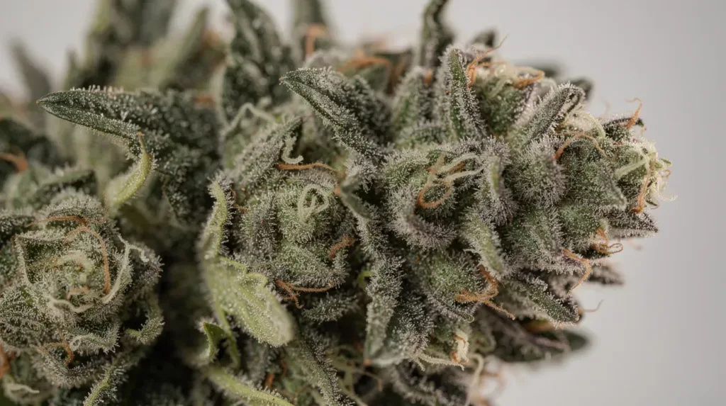 The image features a close-up of dense, frosty cannabis buds, showcasing their glistening trichomes under soft light. The vibrant colors and intricate details highlight the premium flower's quality, reminiscent of the galactic warheads strain with its tangy citrus notes and earthy undertones.