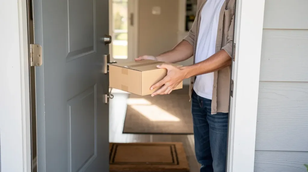 A person stands at their front door receiving a small cardboard package, performing security verification to ensure the delivery is legitimate. The scene captures the essence of modern delivery services, highlighting the importance of security in protecting consumers from potential threats such as malicious bots.